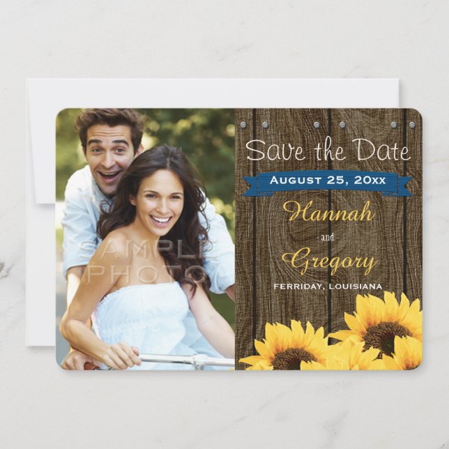COBALT BLUE RUSTIC SUNFLOWER SAVE THE DATE CARD (Front)