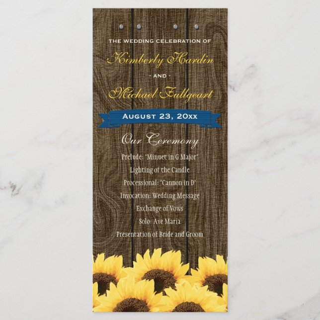 Cobalt Blue Rustic Sunflower Wedding Program (Front)