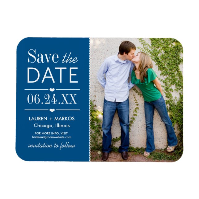 Cobalt Blue Split Panel Photo Save the Date Magnet (Horizontal)