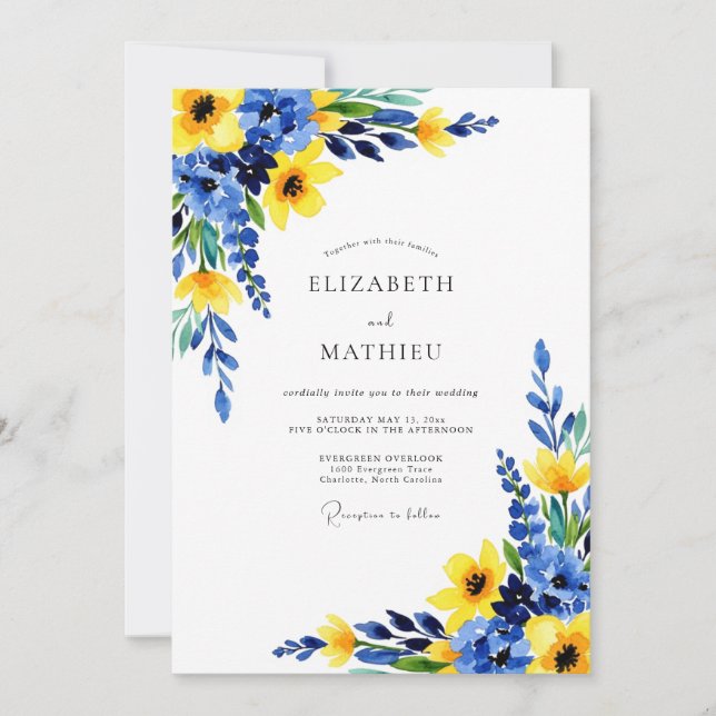 Cobalt Blue Sunny Botanical Wedding Invitation (Front)