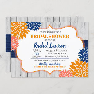 Cobalt Blue Tangerine Blooms Floral Bridal Shower Invitation