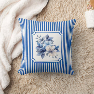 Cobalt Blue Ticking Stripe Floral Cushion