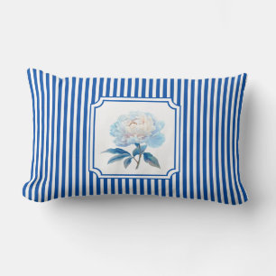Cobalt Blue Ticking Stripe Floral Lumbar Cushion