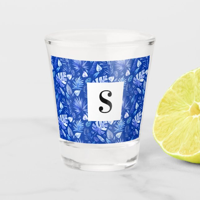Cobalt Blue Tropical Leaves Pattern 1.5oz Shot Glass (Front)