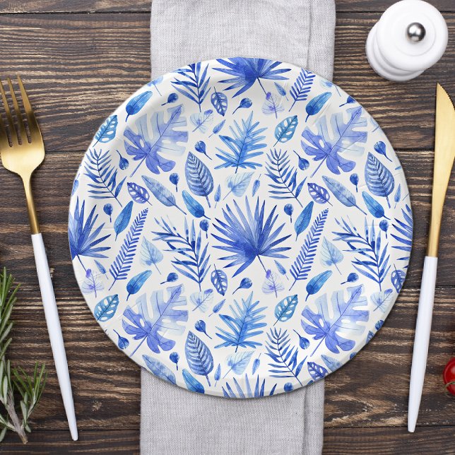 Cobalt Blue Tropical Leaves Pattern 7" Paper Plate (Creator Uploaded)