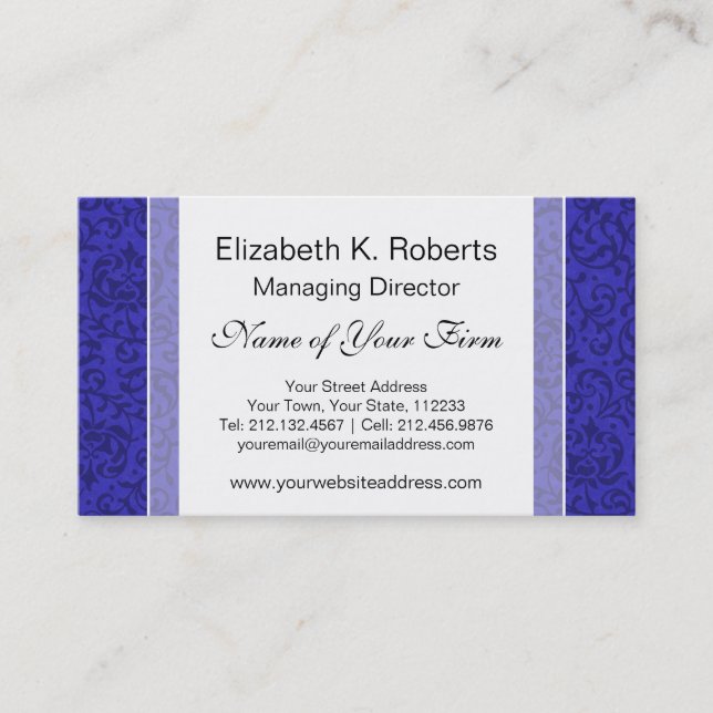 Cobalt Blue Tudor Garden Floral Damask Business Card (Front)