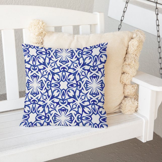 Cobalt Blue Watercolor Spanish Tile Pattern Outdoor Cushion (Creator Uploaded)