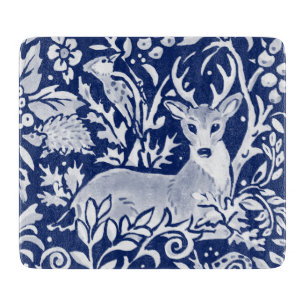 Cobalt Blue White Deer Woodland Tapestry Style Cutting Board