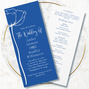Cobalt Blue White Floral Script Simple Wedding Program