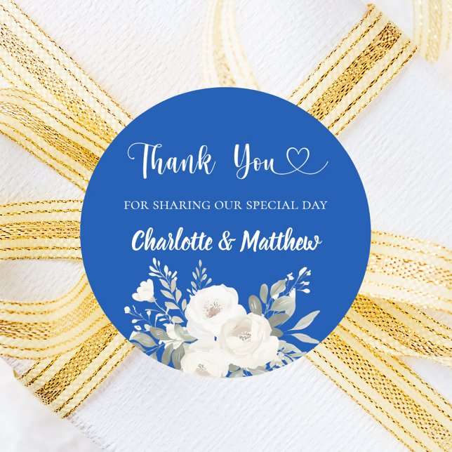 Cobalt blue white florals heart thank you wedding classic round sticker (Creator Uploaded)