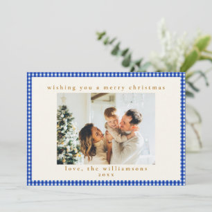 Cobalt Blue White Gingham Check Family Christmas Holiday Card