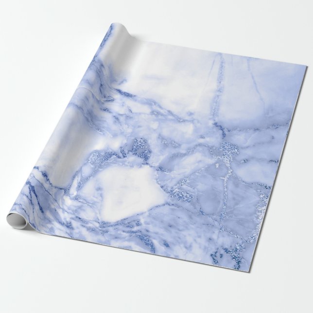 Cobalt Blue White Grey Marble Shiny Glam Wrapping Paper (Unrolled)