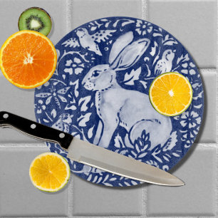 Cobalt Blue White Rabbit Hare Bird Floral Woodland Cutting Board