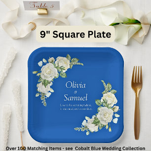 Cobalt Blue & White Roses 9" Square Paper Plate