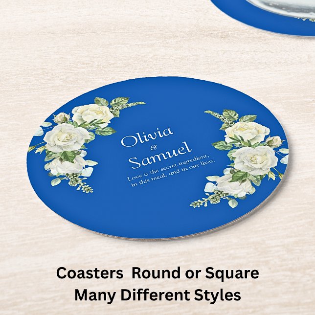 Cobalt Blue & White Roses   Round Paper Coaster (Creator Uploaded)