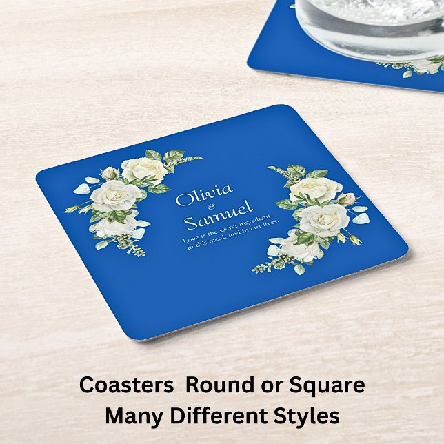 Cobalt Blue & White Roses   Square Paper Coaster (Creator Uploaded)