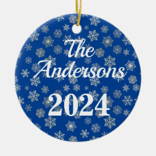 Cobalt Blue with Snowy Background Personalised  Ceramic Ornament