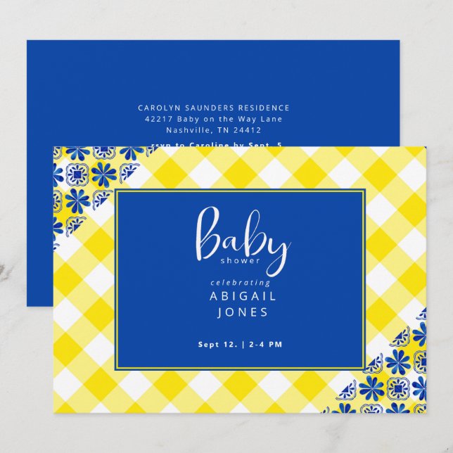Cobalt Blue & Yellow Gingham Baby Shower Invitation (Front/Back)