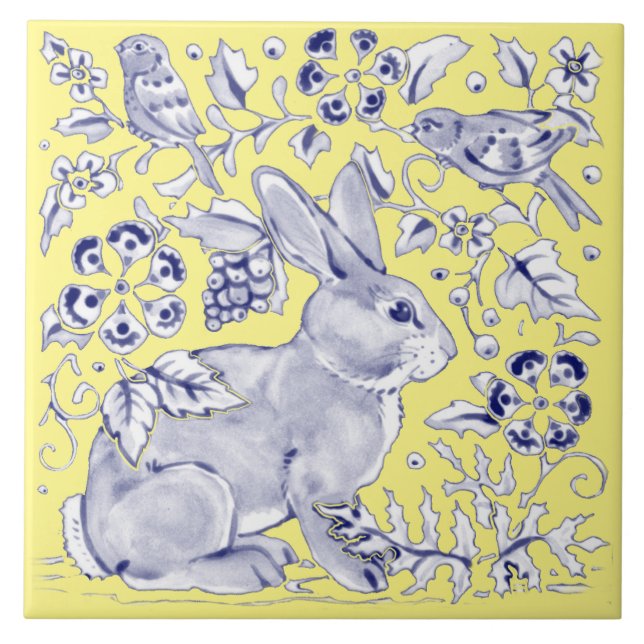 Cobalt Blue Yellow Rabbit Bird Woodland Floral Ceramic Tile (Front)
