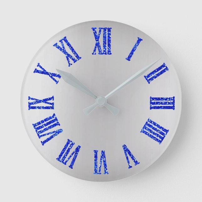 Cobalt BlueGlitter Grey Silver Ombre Minimal Black Round Clock (Front)
