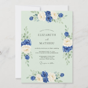 Cobalt Celadon Rose Wedding Invitation