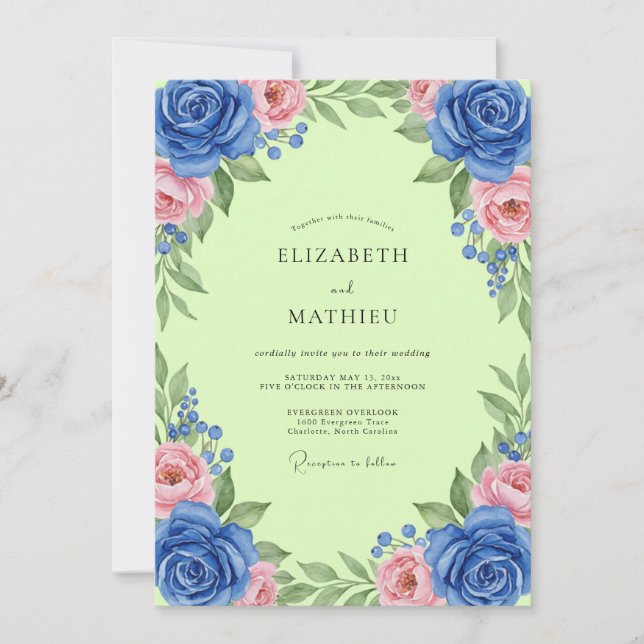 Cobalt Chartreuse Leafy Wedding Invitation (Front)