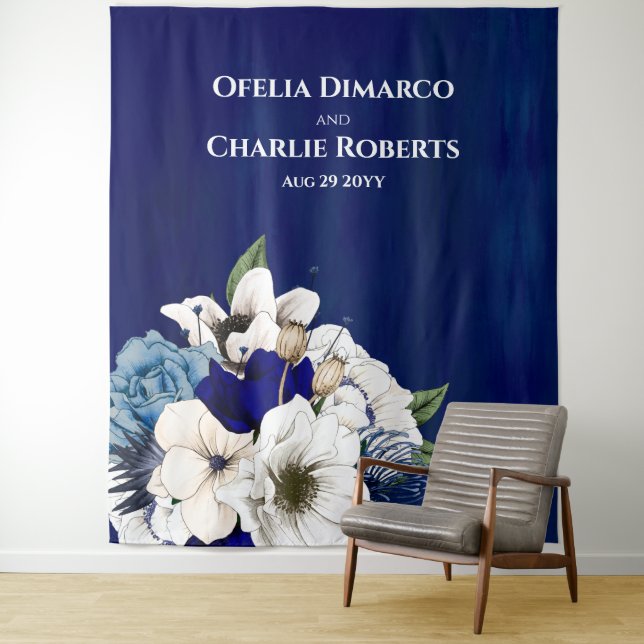 Cobalt Dusty Blue White Floral Photo Wall Backdrop Tapestry (In Situ)