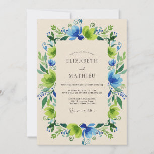 Cobalt Emerald Wreath Wedding Invitation