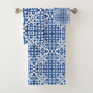 Cobalt Heritage Classic Blue and White Geometric Bath Towel Set