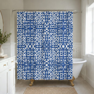Cobalt Heritage Classic Blue and White Geometric  Shower Curtain