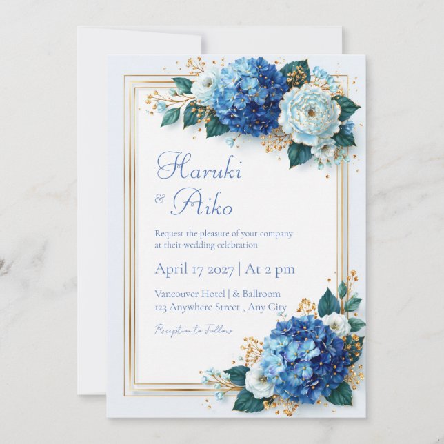 Cobalt Hydrangea Gilded Floral Frame Wedding Invitation (Front)