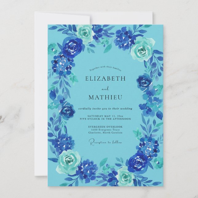 Cobalt Hydrangea Leafy Wedding Invitation (Front)