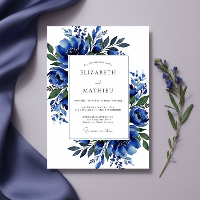 Cobalt Lush Blossom Wedding Invitation (Creator Uploaded)