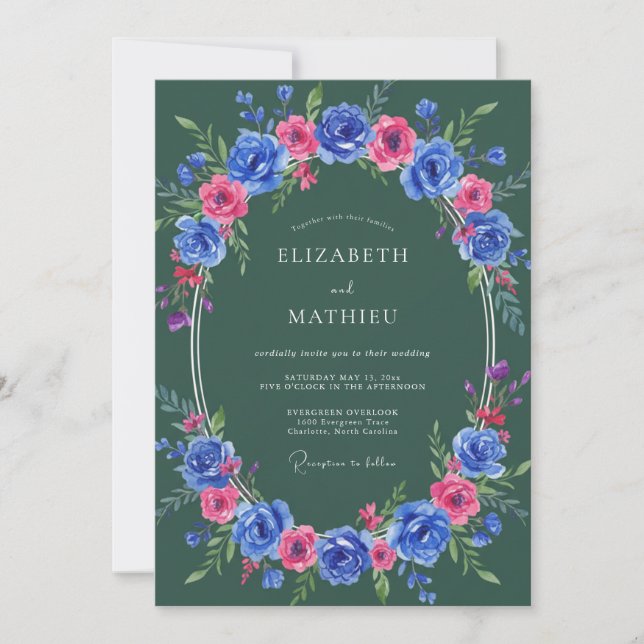 Cobalt Magenta Wreath Wedding Invitation (Front)