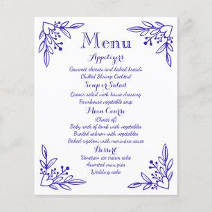 Cobalt Menu Navy Blue Flowers, Hearts Wedding