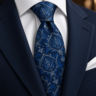 Cobalt Midnight Blue Silver Damask Tie