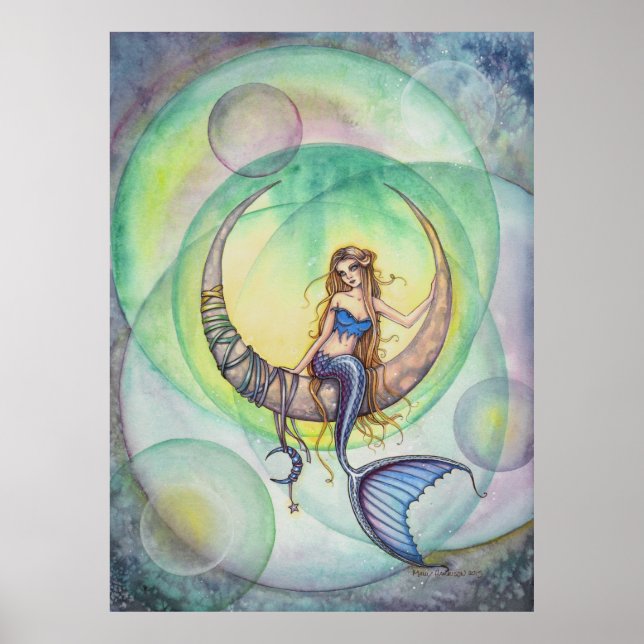 Cobalt Moon Mermaid Mystical Fantasy Art Poster (Front)