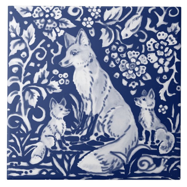 Cobalt Navy Blue Cobalt Fox Family Floral Animal  Ceramic Tile (Front)