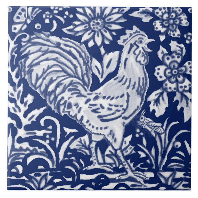 Cobalt Navy Blue Cobalt Rooster Chicken Floral Ceramic Tile (Front)