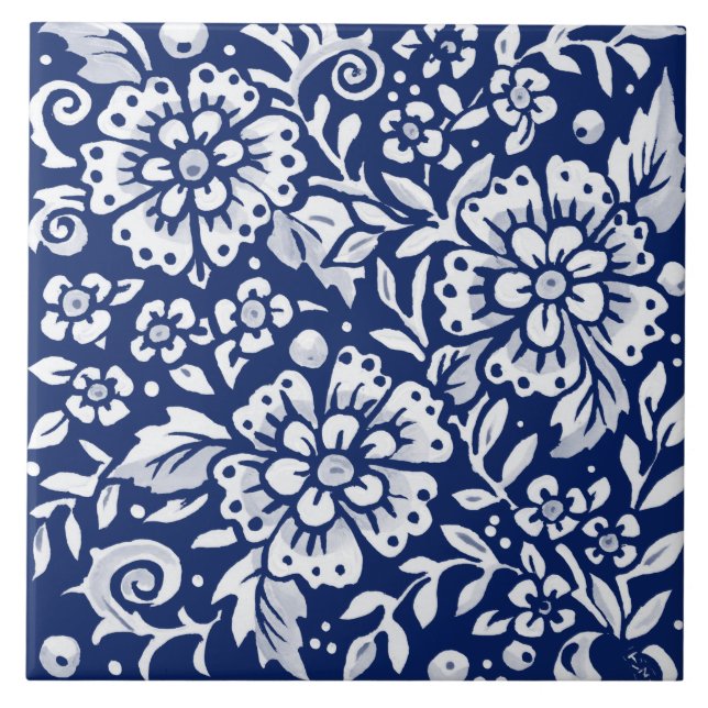 Cobalt Navy Blue Floral Flower Leaf Intricate  Ceramic Tile (Front)