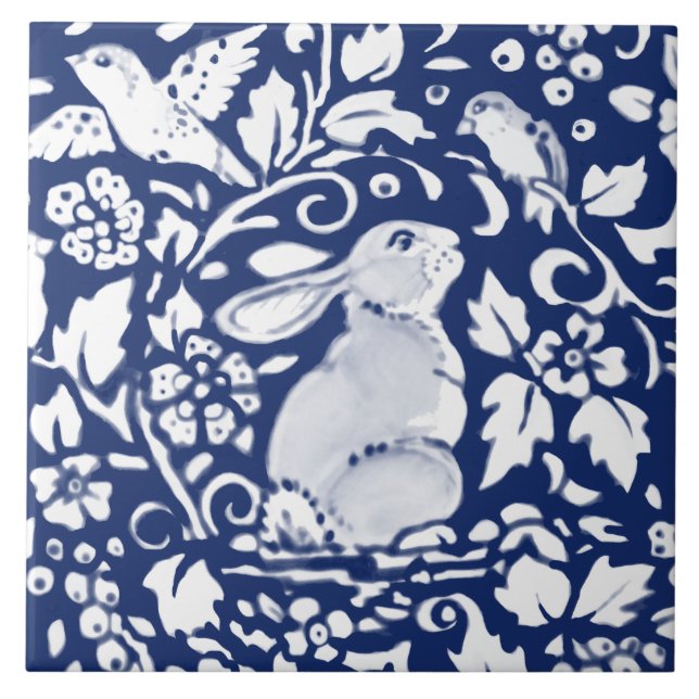 Cobalt Navy Blue Rabbit Bird Dedham Delft Morris C Ceramic Tile (Front)