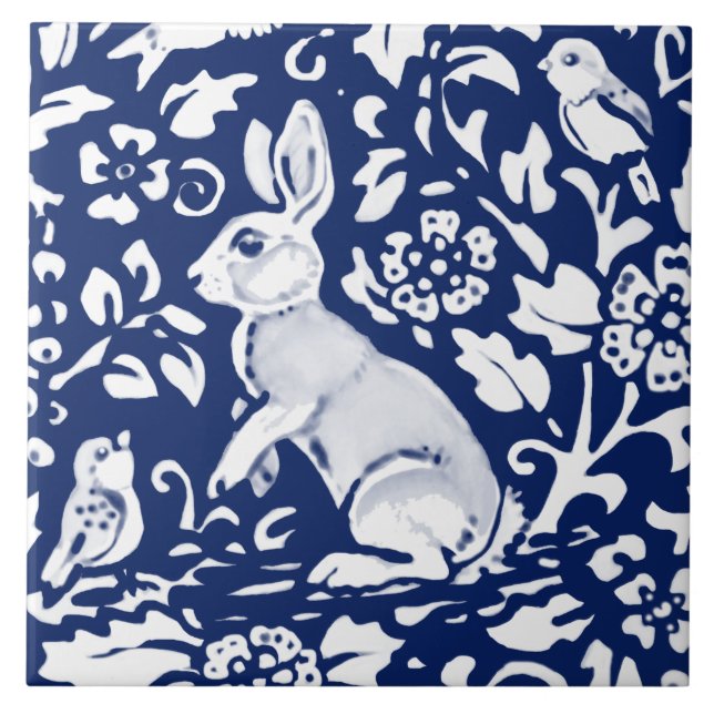 Cobalt Navy Blue Rabbit Bird Dedham Delft Morris Ceramic Tile (Front)
