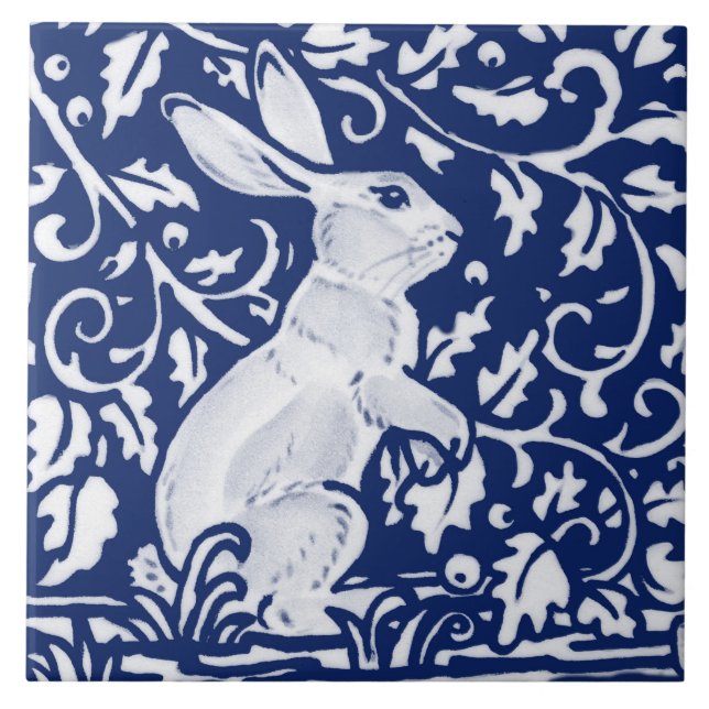 Cobalt Navy Blue Rabbit Bunny Dedham Delft Morris  Ceramic Tile (Front)