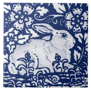 Cobalt Navy Blue Rabbit Bunny Dedham Delft Morris  Ceramic Tile