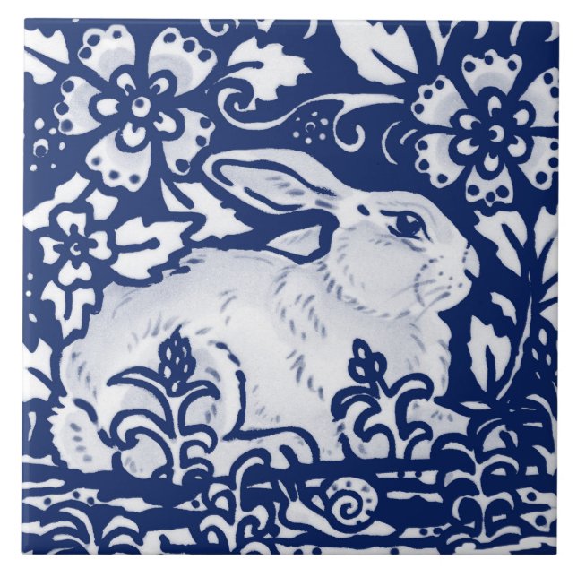 Cobalt Navy Blue Rabbit Bunny Dedham Delft Morris  Ceramic Tile (Front)