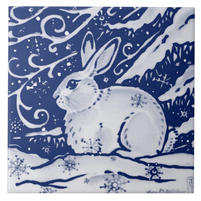 Cobalt Navy Blue Rabbit Winter Snow Scene Dedham Ceramic Tile (Front)