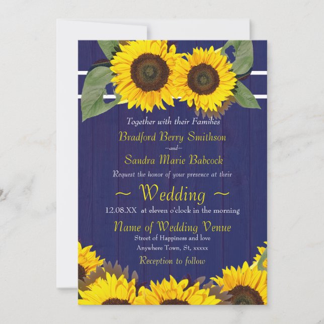 Cobalt Navy Blue Wood Sunflower Rustic Wedding Invitation (Front)
