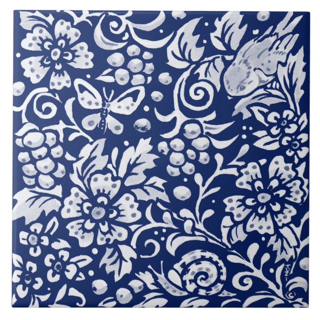 Cobalt Navy Blue Woodland Animal Bird Snail Insect Ceramic Tile (Front)