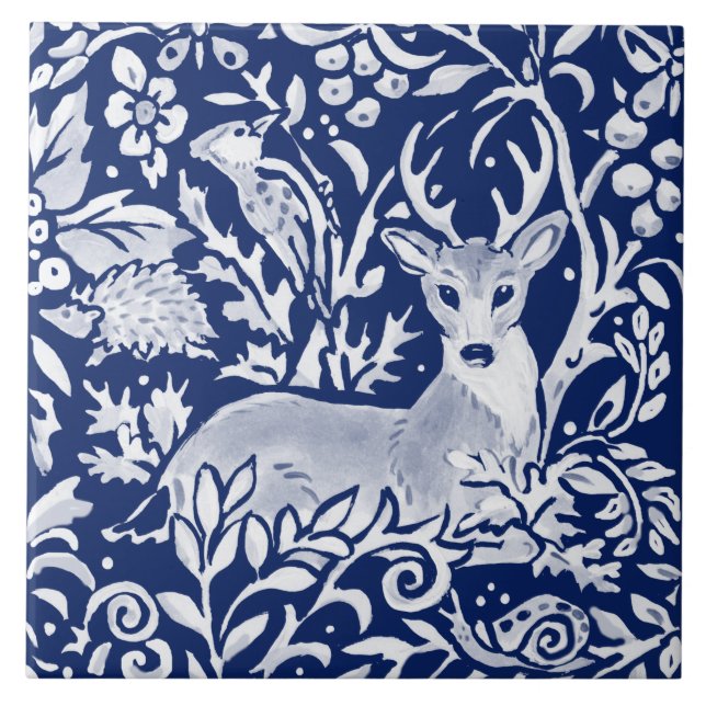 Cobalt Navy Blue Woodland Animal Deer Foliage Ceramic Tile (Front)