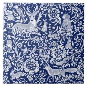 Cobalt Navy Blue Woodland Animal Fox Rabbit Deer  Ceramic Tile